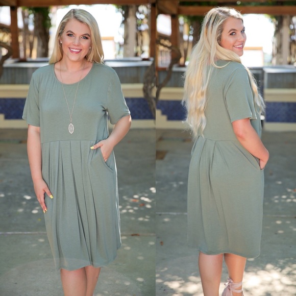 PLUS Olive Short Sleeve Pleated Dress - Picture 2 of 3